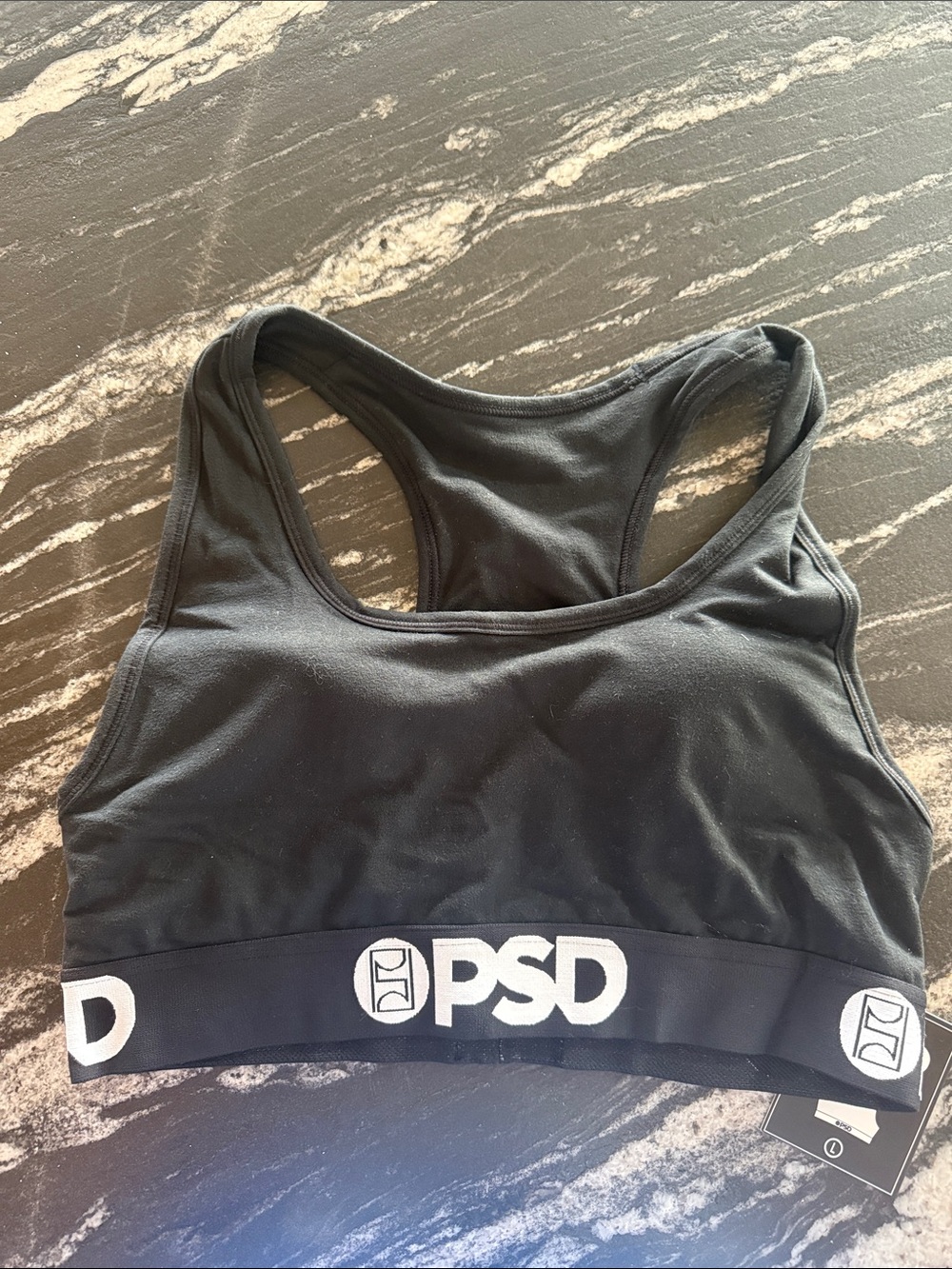 PSD Women's Black Racerback Sports Swim Top with White Logo Band